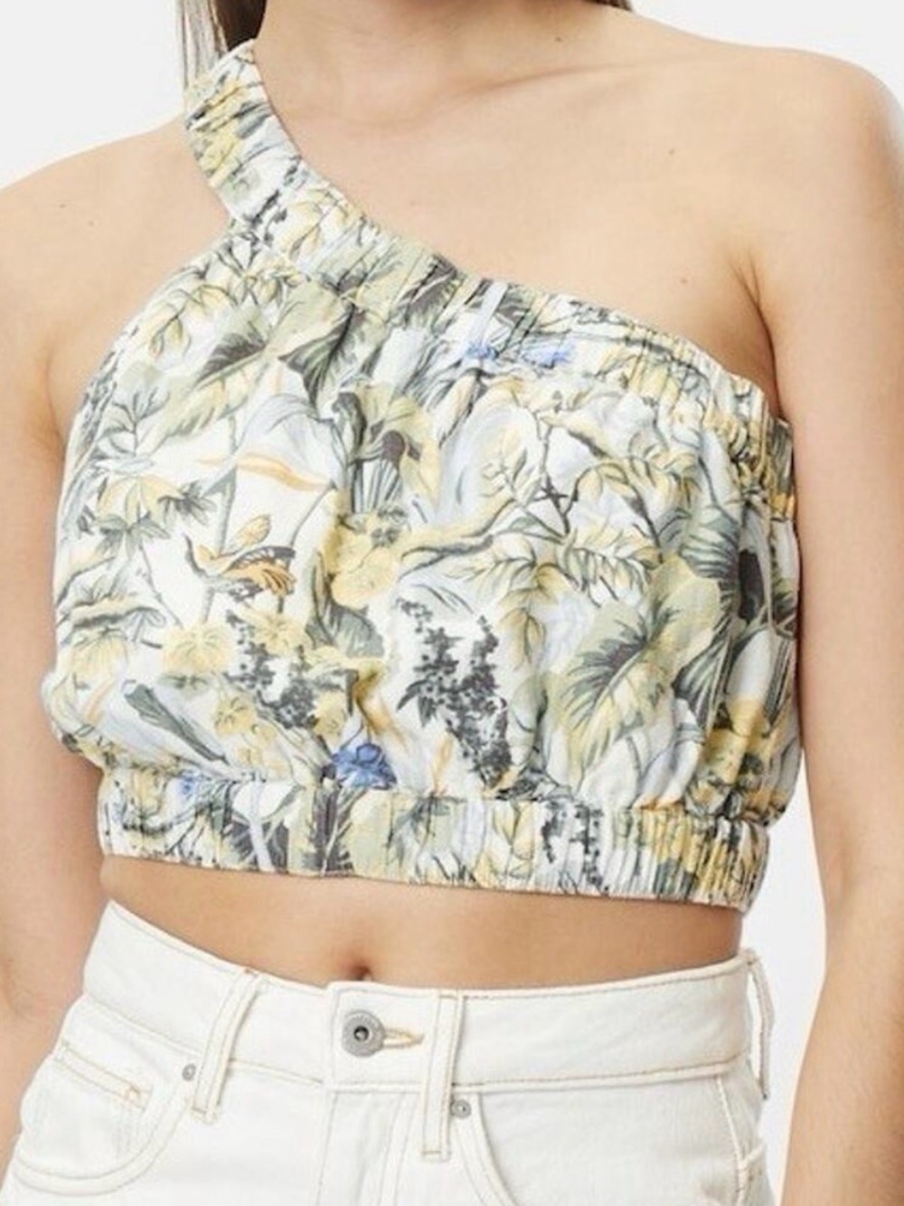 Abercrombie & Fitch One-Shoulder Floral Crop Top in Cream, Yellow & Green